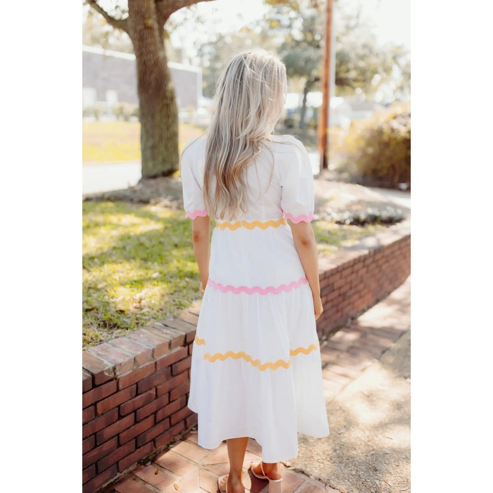 Entro Rainbow Stripe‎ Puff Sleeve Midi Dress Size L Tiered Boho Beach V Neck - Picture 2 of 10